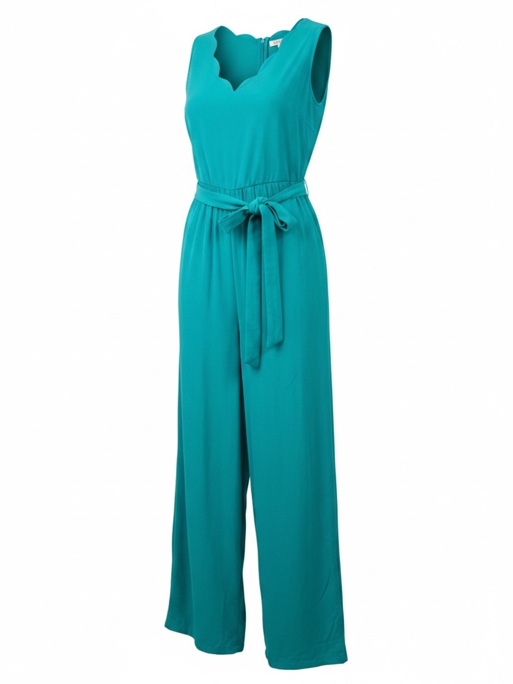 Green Scalloped V-Neck Jumpsuit with Tie Waist-Excellent Condition